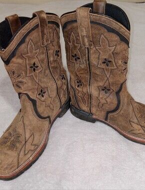 Dan Post Cowboy Boots Girls Size 6D Brown Distressed Leather Western Floral